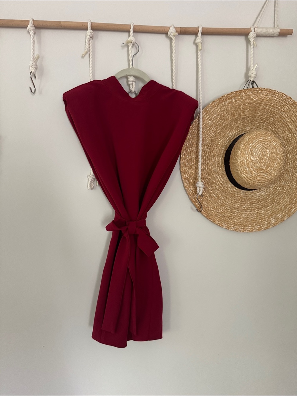 Olivaceous Sleeveless Tie-Waist Midi Dress in Wine Red